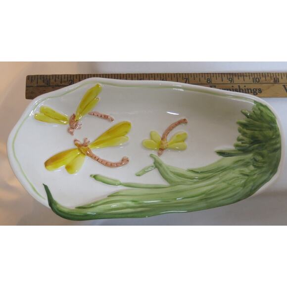Vintage Carraro Made in Italy Celery Trinket Dish Dragonfly Oblong Yellow Green - Picture 3 of 12